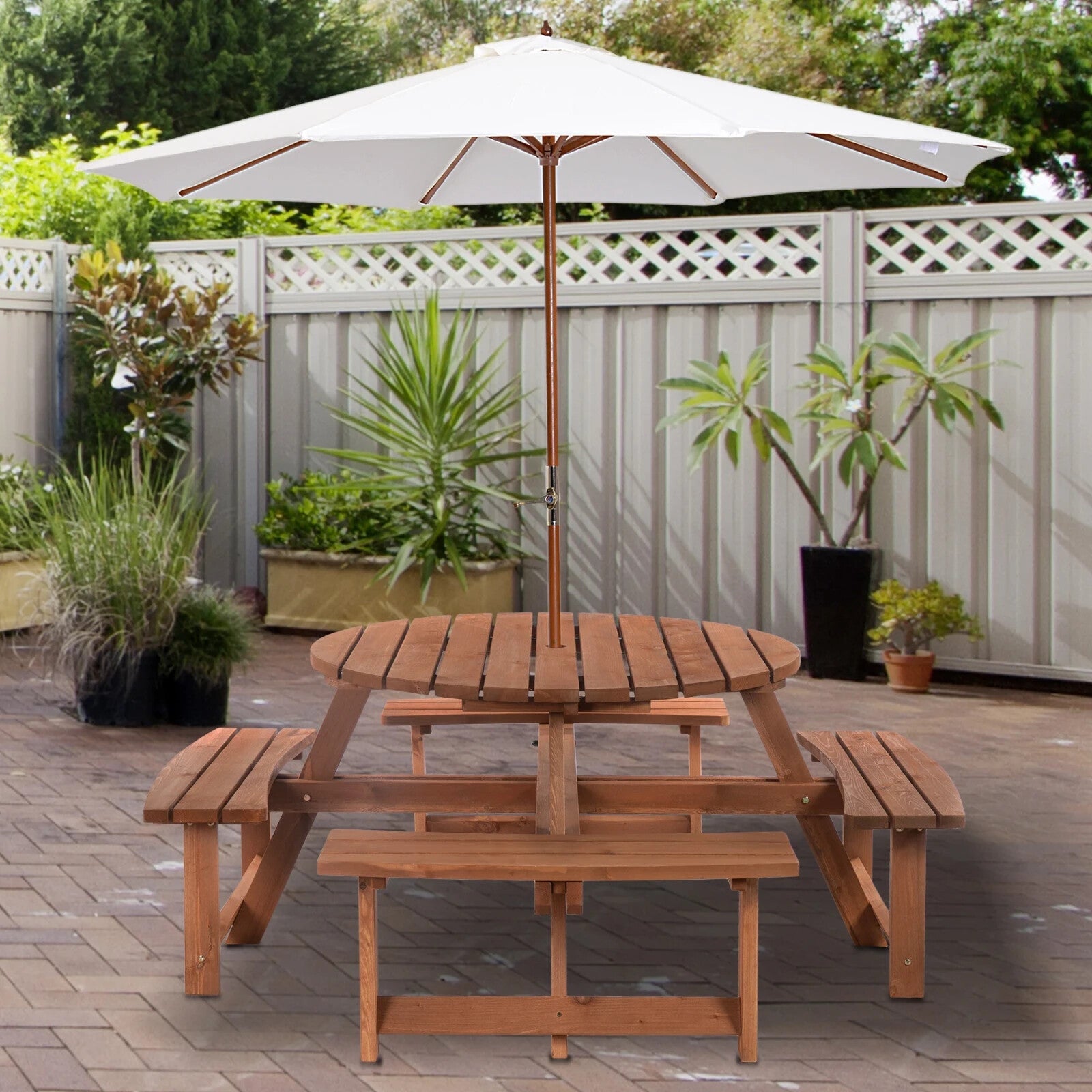 Wooden Round Picnic Table Garden Bench Set Outdoor 8 Seater Bench Parasol Hole - Home and Garden Furniture Shop - rustic - furniture