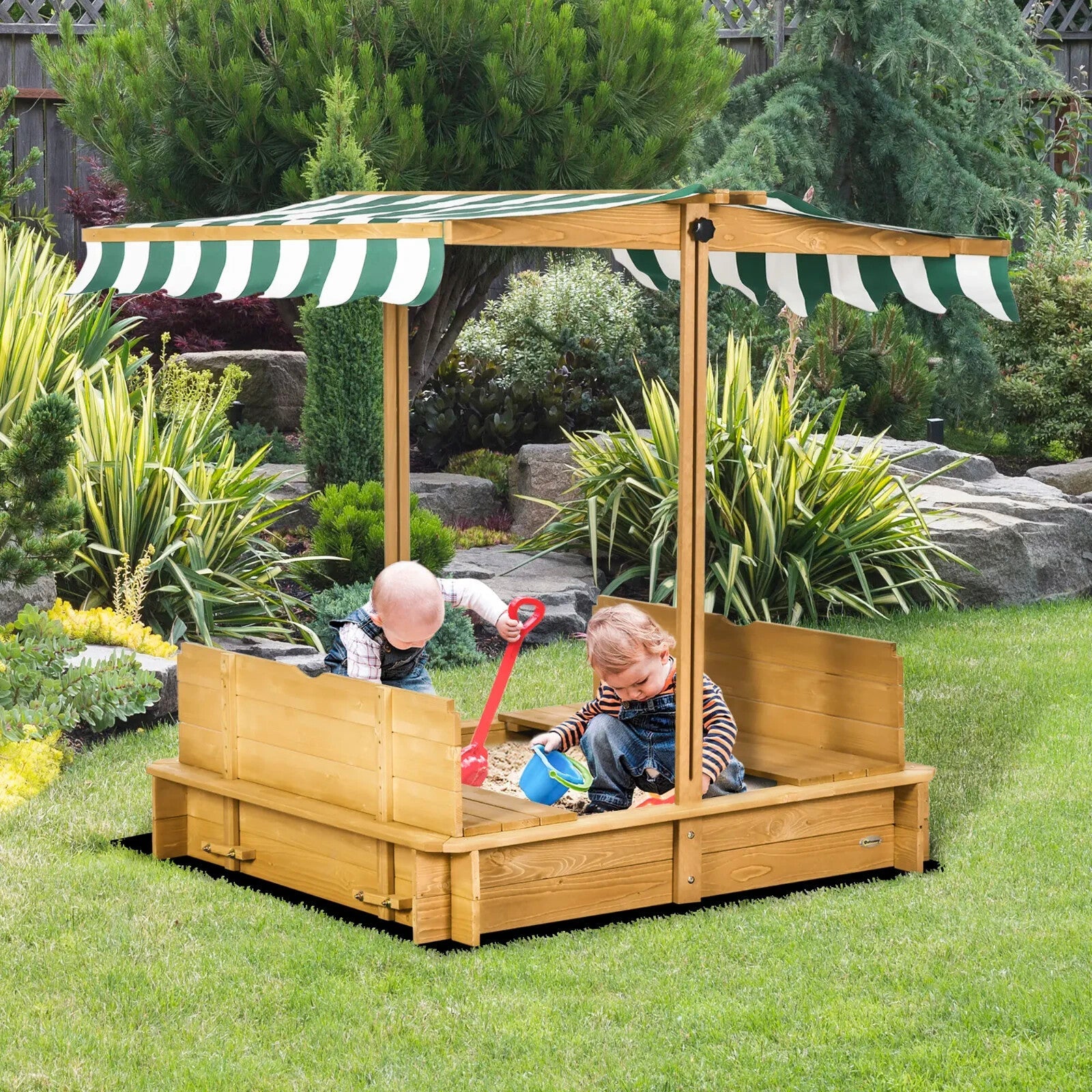 Wooden Sandpit for Kids with Adjustable Canopy Outdoor Garden Play Toy Sandbox - Home and Garden Furniture Shop - rustic - furniture
