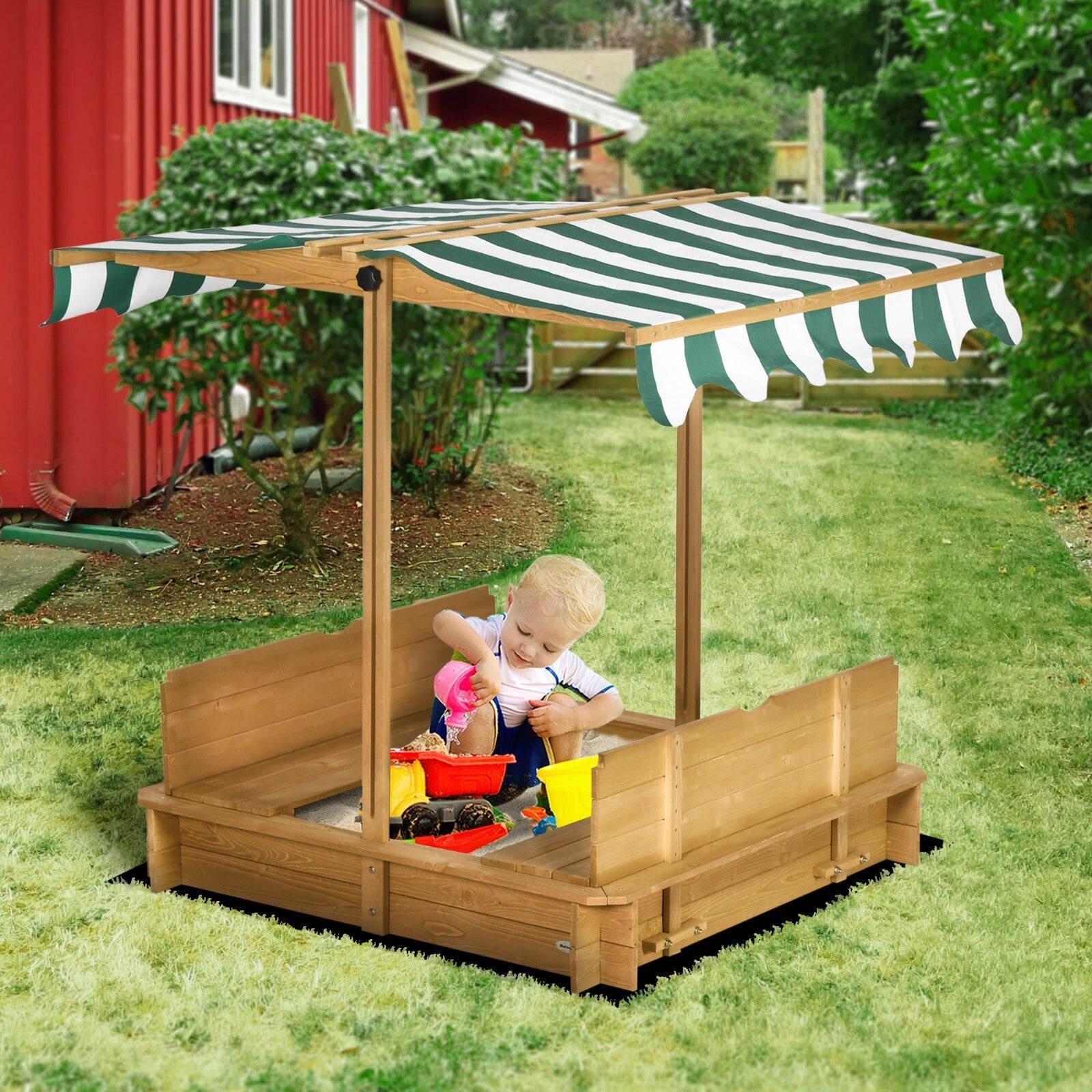 Wooden Sandpit for Kids with Adjustable Canopy Outdoor Garden Play Toy Sandbox - Home and Garden Furniture Shop - rustic - furniture