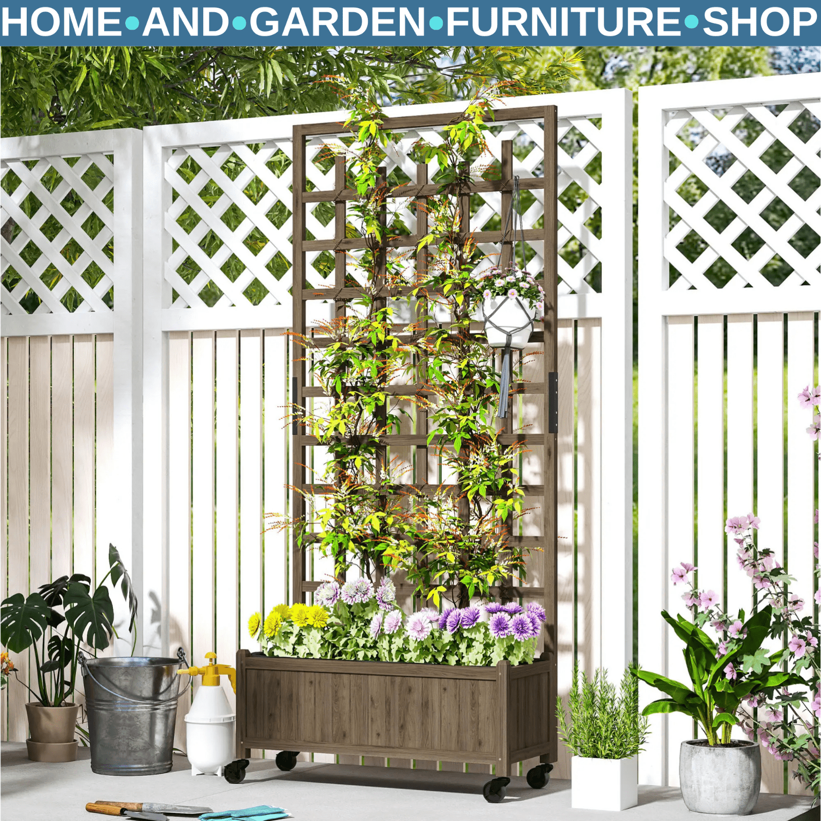 Wooden Trellis Planter Raised Garden Bed w/ Wheels Bed Liner for Vegetables Herb - Home and Garden Furniture Shop - rustic - furniture