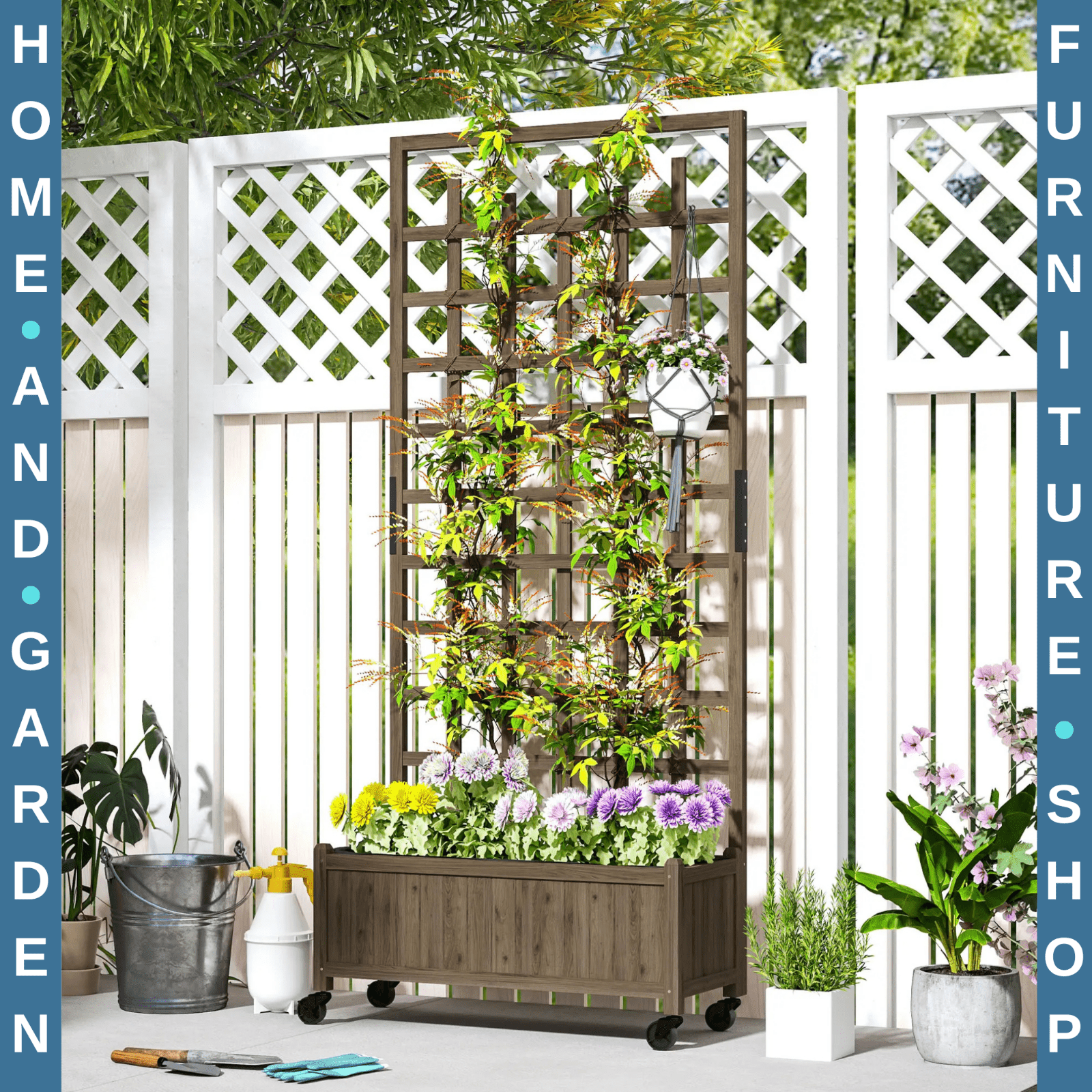 Wooden Trellis Planter Raised Garden Bed w/ Wheels Bed Liner for Vegetables Herb - Home and Garden Furniture Shop - rustic - furniture